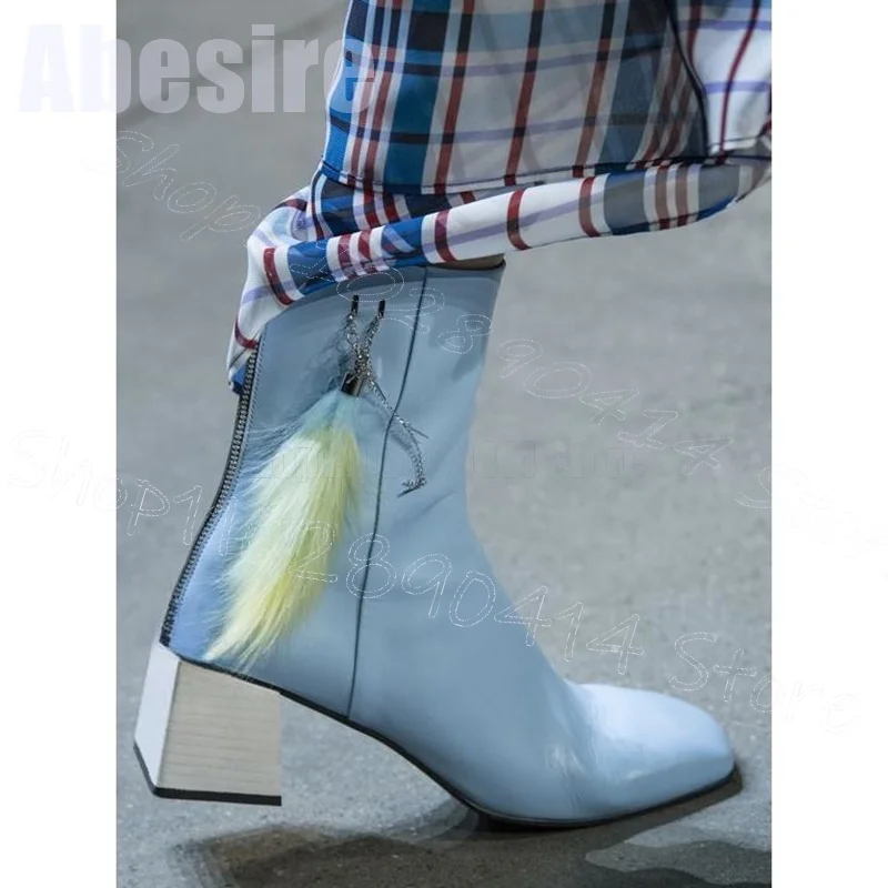 

Sky Blue Square Toe Feather Decor Runway Boots Side Zipper Women Shoes Chunky High Heels Party Dating 2024 Zapatos Para Mujere