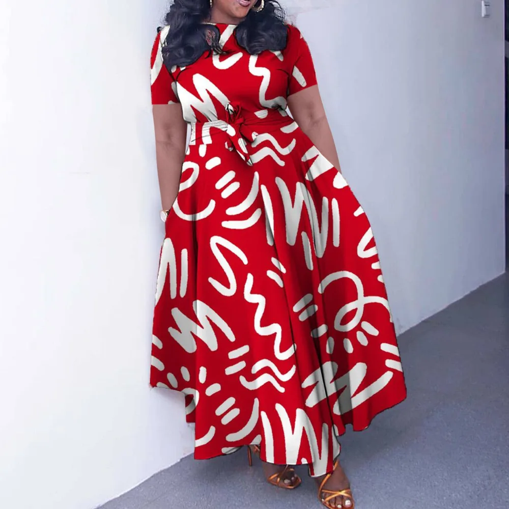 Vestido estampado com renda em cima, gola redonda, manga curta, bainha grande, plus size, elegante, moda, novo, 2024