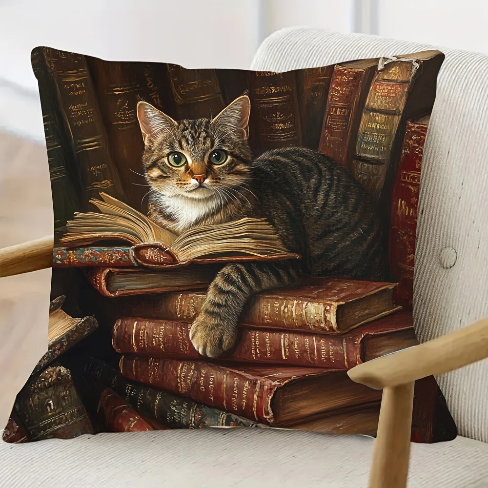 Funda de almohada con diseño de gato de biblioteca leyendo un libro, poliéster con estampado 2D de doble cara, pintura al óleo vintage de gato tabby, para amantes de los libros, hogar y cafetería (1 unidad)