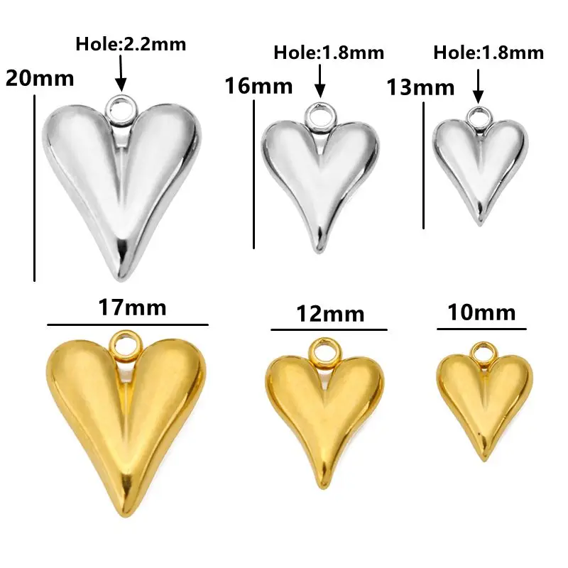 5pcs 10/12/17mm Stainless Steel Solid Love Heart Pendant Charms for DIY Earrings Necklace Bracelet Jewelry Making Accessories