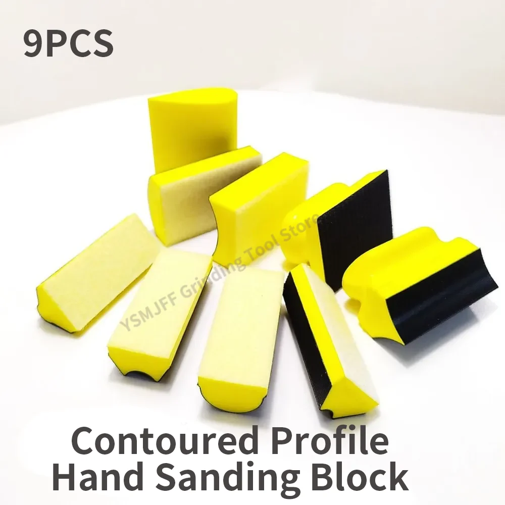 9PCS Hand Sanding Block Pad Set Hook and Loop, Multi Shape Manual Grinding Sanding Blocks for Furniture Restoration Car Wood