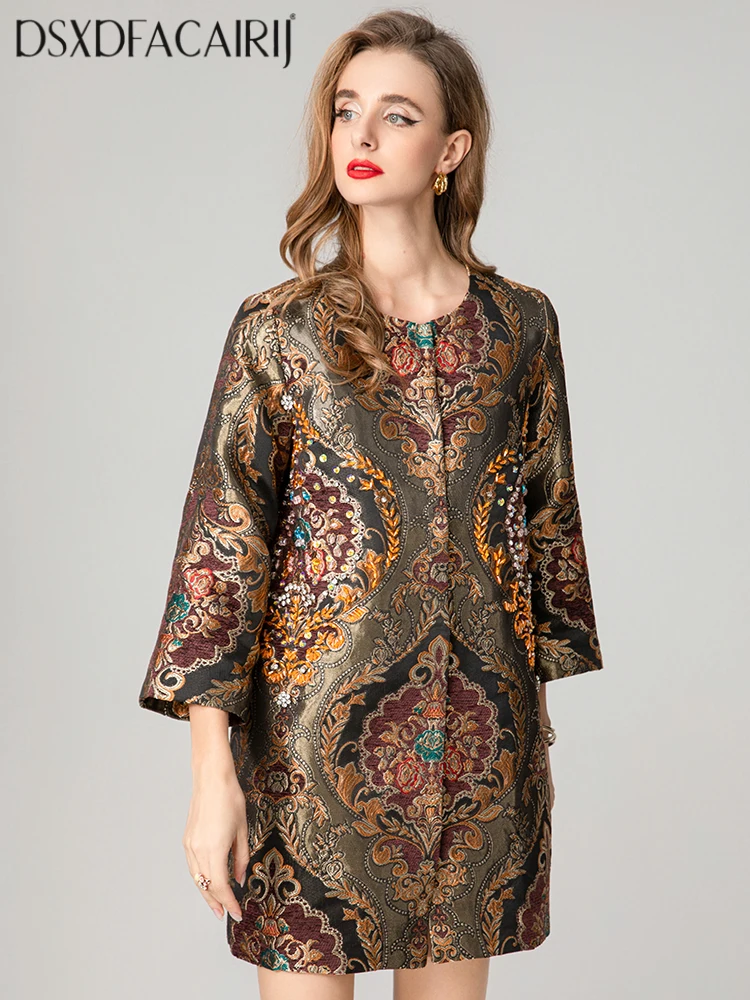 

DSFACAIRIJ Women's Vintage Beading Jacquard Coat O-Neck 4/3 Sleeved Concealed Button Early Autumn Fashion Outerwear