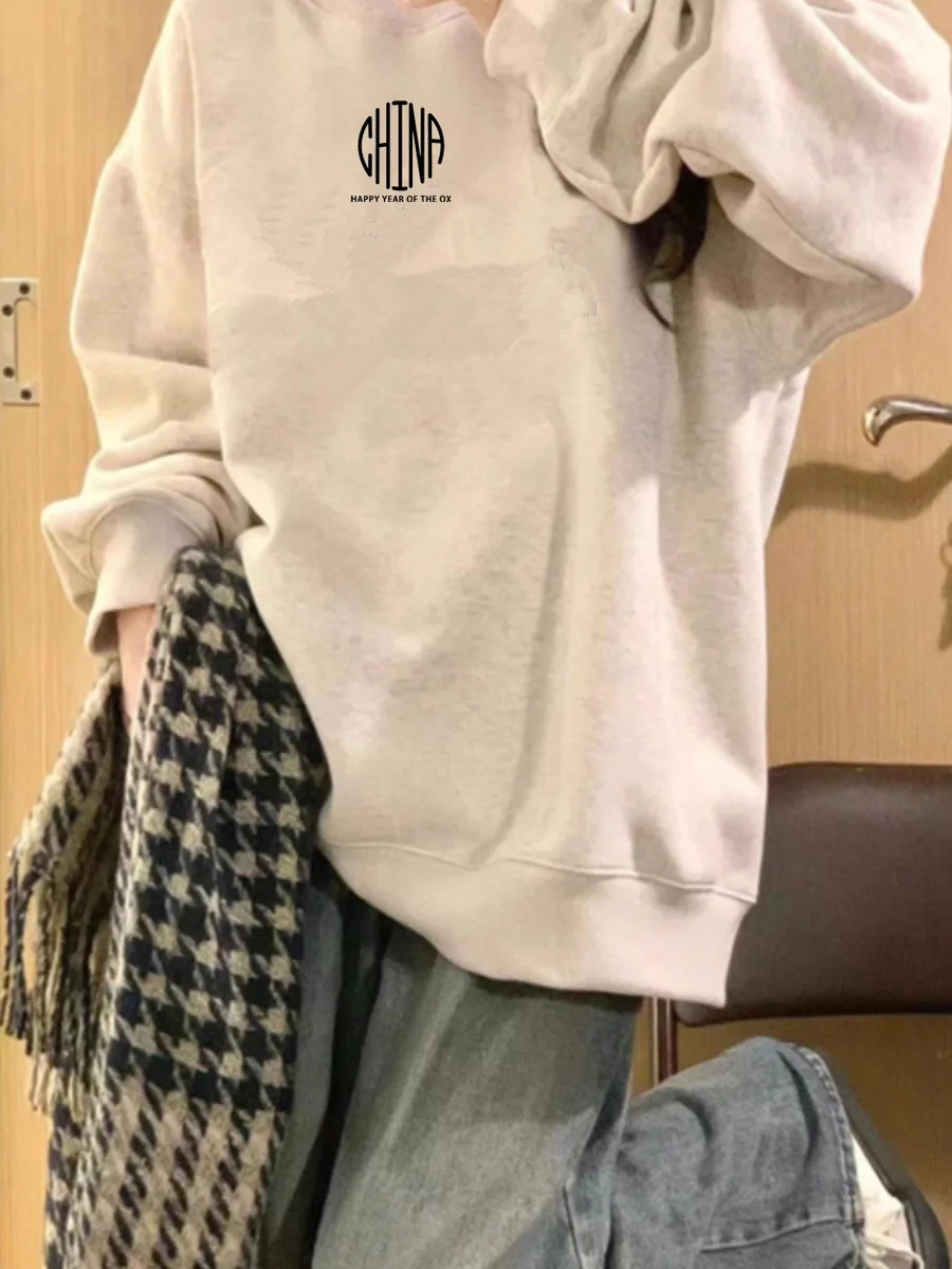 

Oversize Fleece round Neck Hoodless Sweatshirt Women's Fashionable Loose American Retro Style Cotton Polyester Blend Long Sle...