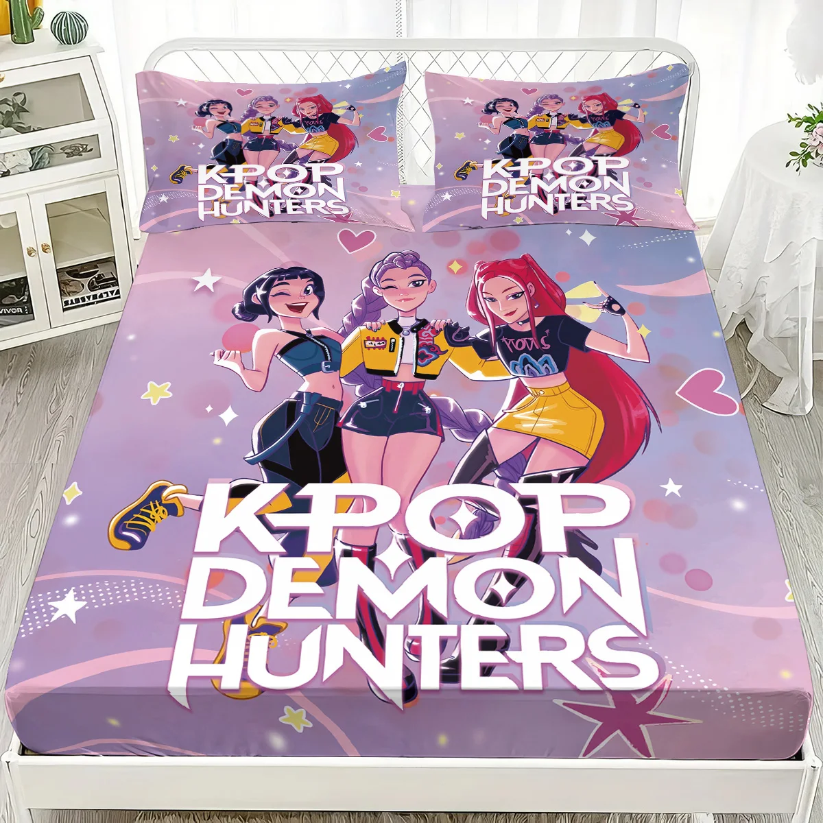 Ensemble de draps-jambes imprimés k-pop Demon Hunters, sans noyau, couvre-lit doux multi-tailles, décoration de literie pour chambre à coucher, lavable en Machine, 3 pièces