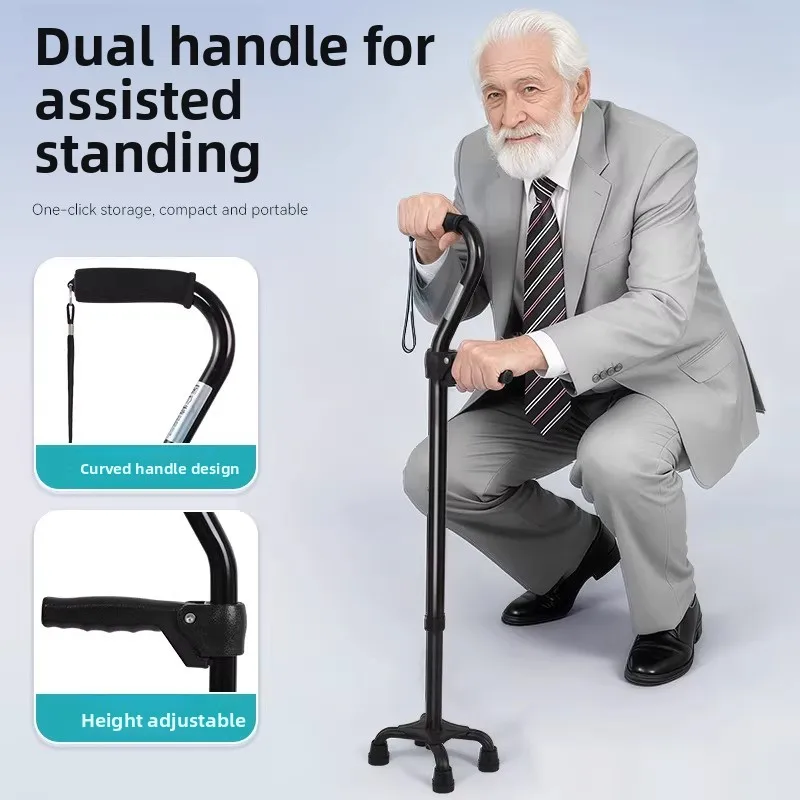 Curved Double Handle Walking Sticking Cane Adjustable Walking Cane for Men & Women - 4 Pronged Base Stability Crutch for Seniors