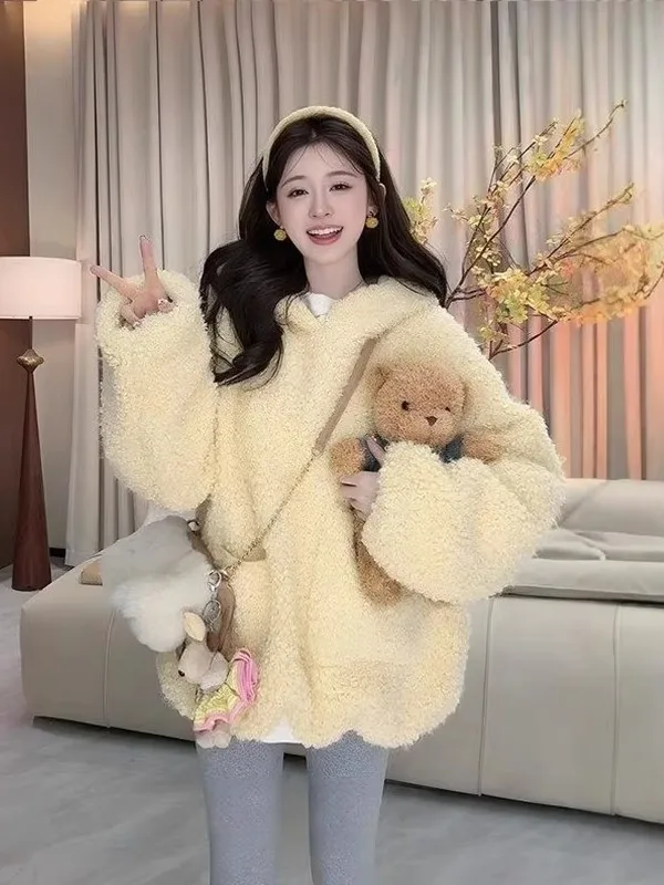 

Sweet Youthful Yellow Lamb Fur Hoodie Women's Loose Comfortable Warm Top Spring 2026 Simple Design Casual Faion