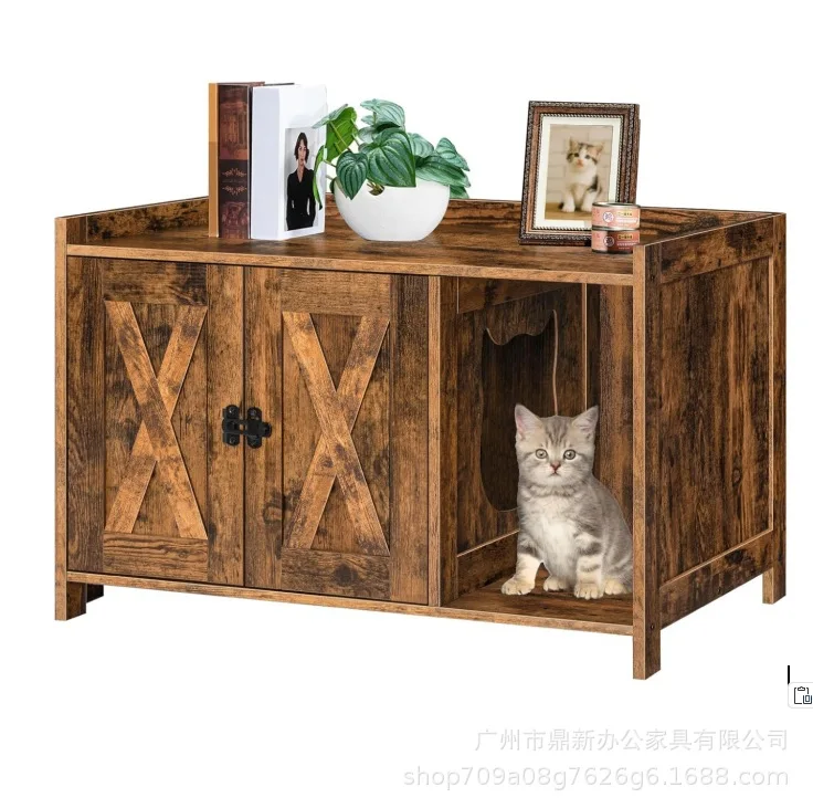

Rural brown indoor pet cat litter cabinet with hidden locker cat litter box cross-border special supply can be customized