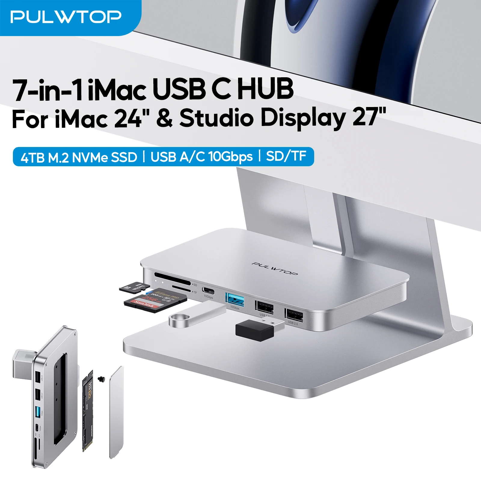 PULWTOP USB C Hub for iMac 24 inch M1/M3/M4, with NVMe SATA SSD Enclosure, USB A/C 10Gbps, 2 X USB A 2.0, SD/TF