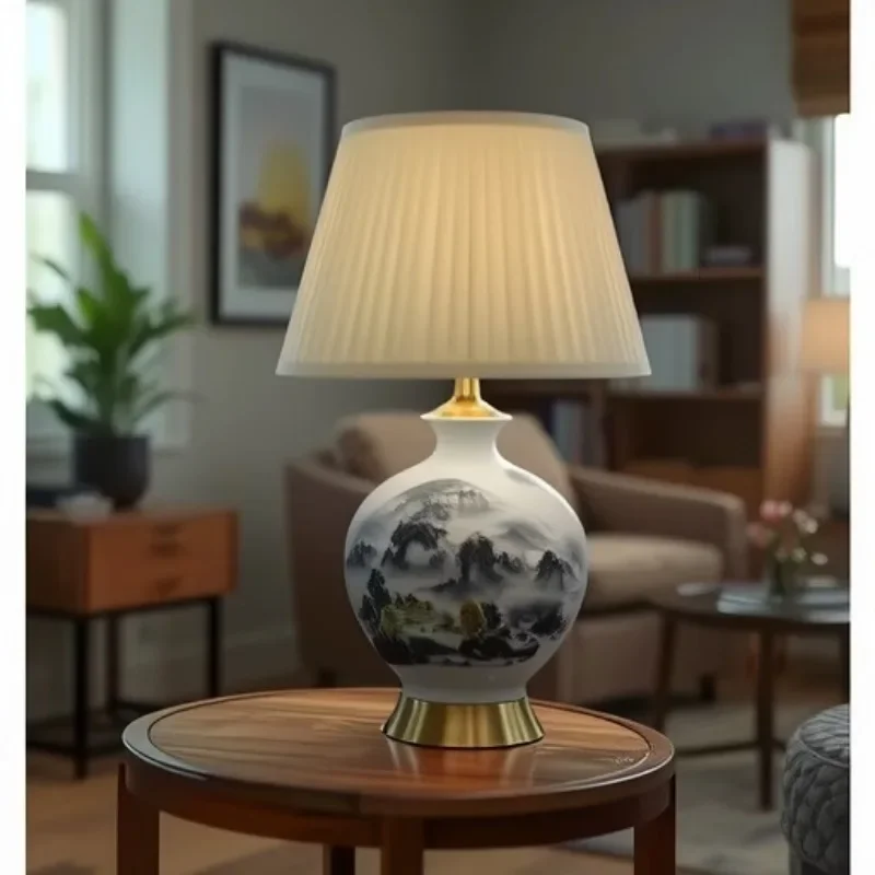 High-grade ceramic table lamp light luxury atmosphere retro living room full copper decorative lamp