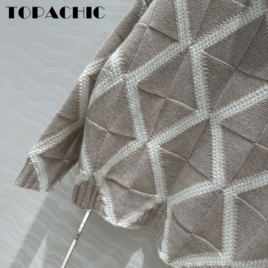 7.23 TOPACHIC Classic Contrast Color Argyle Plaid Jacquard Weave Pullover Jumpers Turtleneck 100% Cashmere Knit Sweater