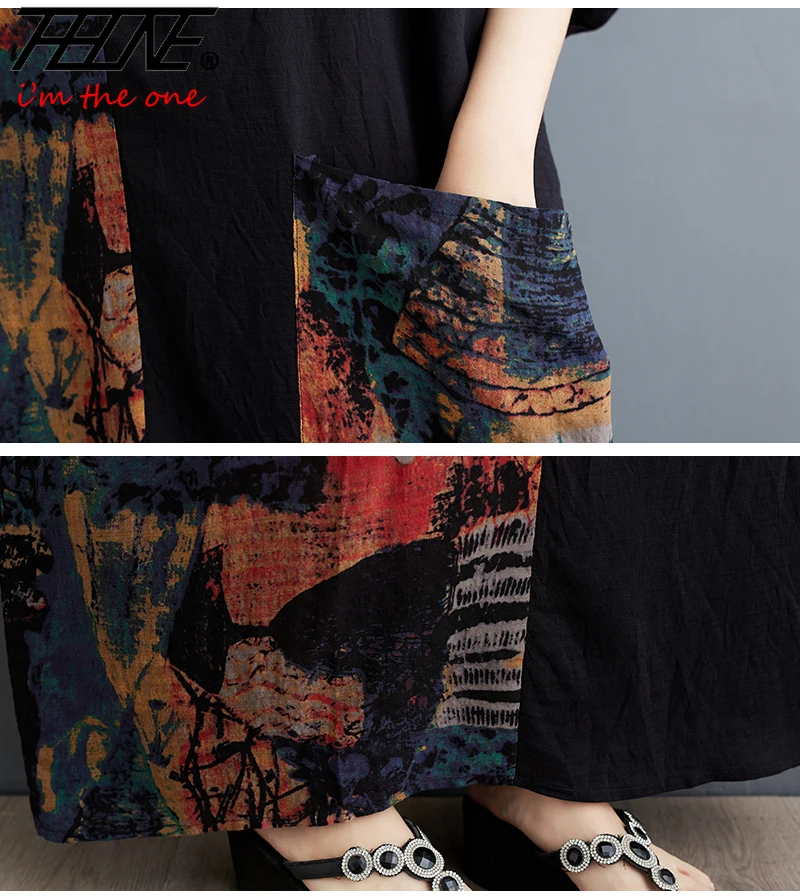 THHONE Summer Dress Women Vintage Loose Print Patchwork Pockets Beach Vestidos De Mujer Casual Bohemian Robe Long Maxi Dresses