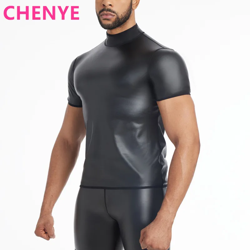 New Men Stand collar Body Shaper T-Shirt Faux Leather Short Sleeve Tops Slimming Shirt Waist Trainer Leather Shapewear Underwear