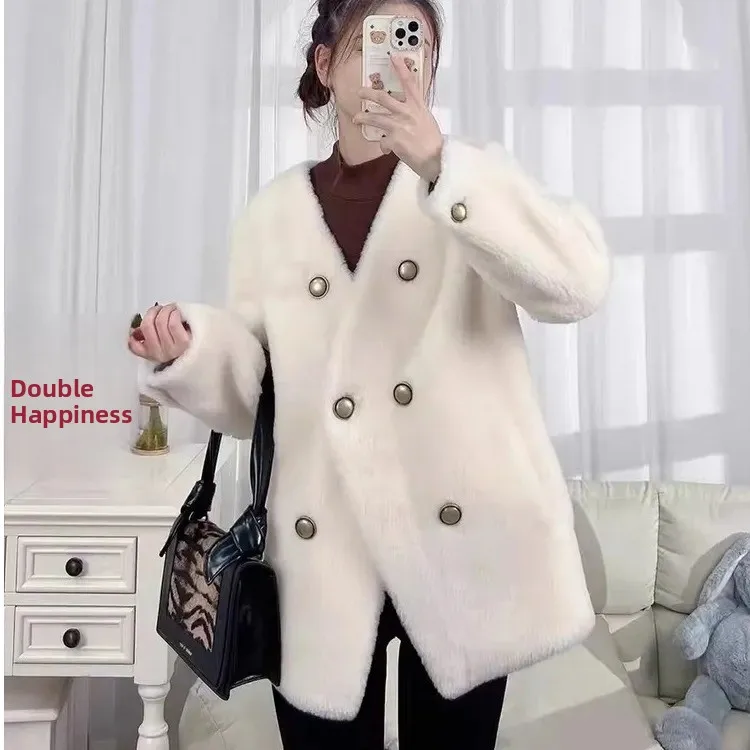 Young Style Winter Jacket Thickened Fur Short Coat V-Neck Mink Plush Eco-Friendly Fur Outerwear Women Standard Fit No Hat