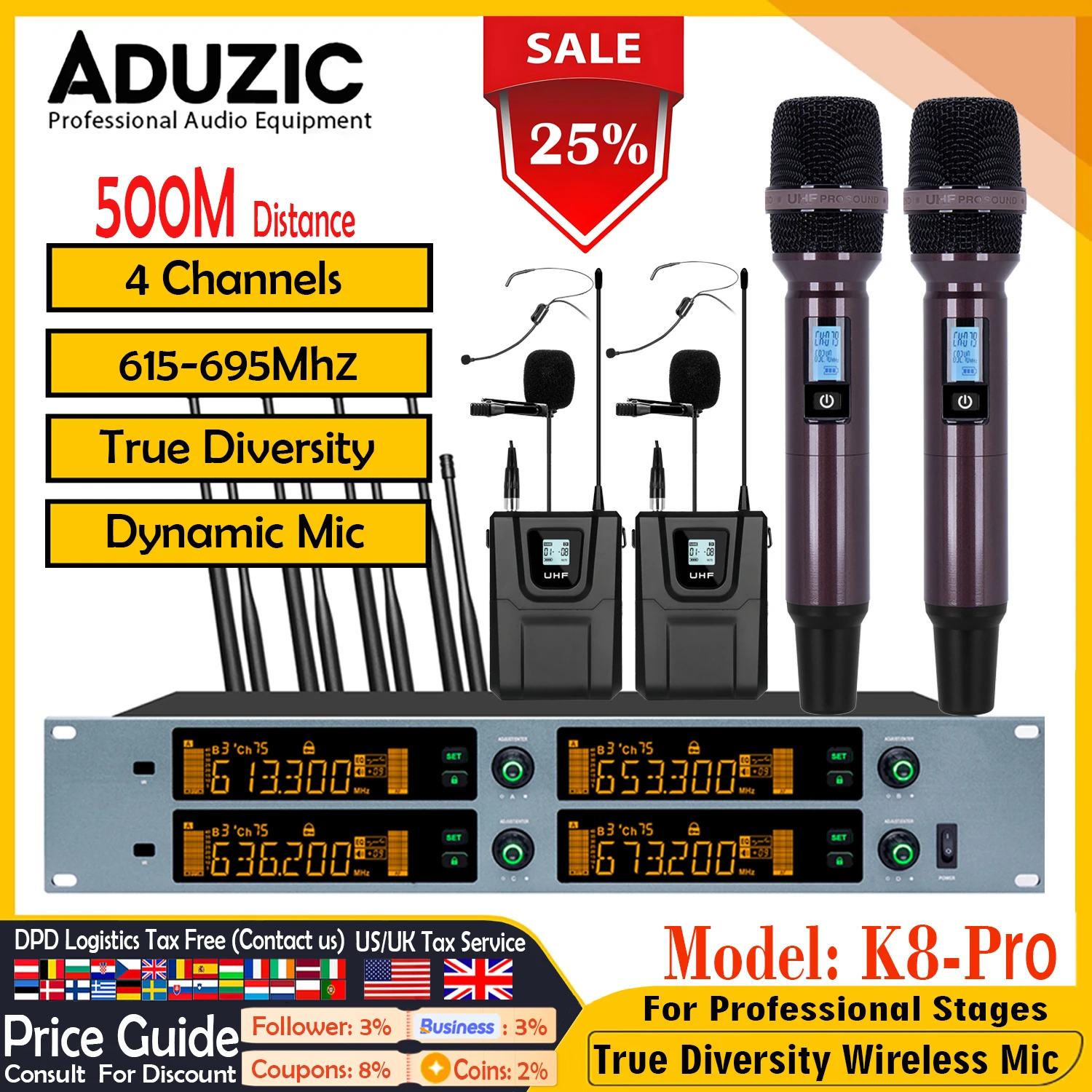 

Aduzic K8-Por 4 Channles True Diversity Wireless Microphone 615-690MHz Handheld Dynamic Microfon 500M Professional Stage Mic