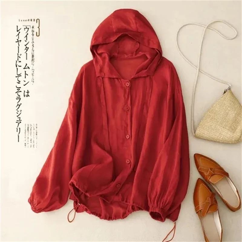 Minimally Casual Hooded Long sleeved Air-conditioned Shirt For women Summer Thin loose Slimming Sun protection Shirts Female Top