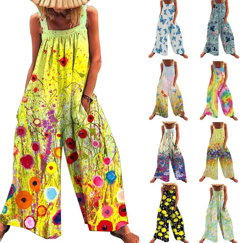 

plus Size Printed oulder Strap Wide Leg Jumpsuit Women's Commute Sle Low Waist Long Pants Polyester Fiber Summer