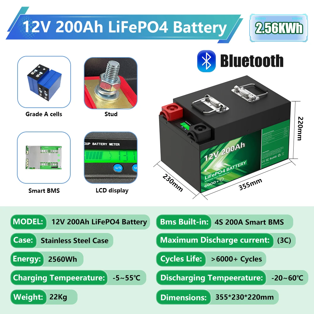 Batería LiFePO4 de 12V, 200Ah, 2,56Kwh, más de 6000 ciclos, Bluetooth, 12,8 V, 100Ah, 300Ah, batería de litio para almacenamiento de energía Solar RV doméstico