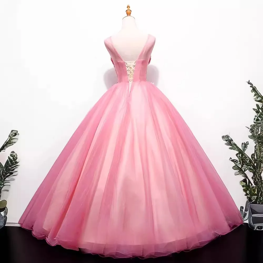 Dostosowane różowa suknia balowa sukienki na Quinceanera aplikacje tiulowe balowe suknie na przyjęcie urodzinowe formalna okazja Vestido De Noche