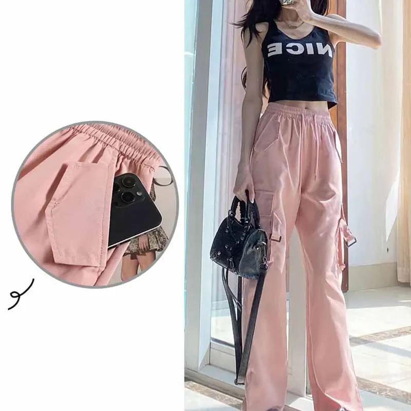 New Womens Baggy Cargo Pants Vintage High Waist Hip Hop Style Thin Straight Wide Leg Casual Parachute Pants Oversized Streetwear