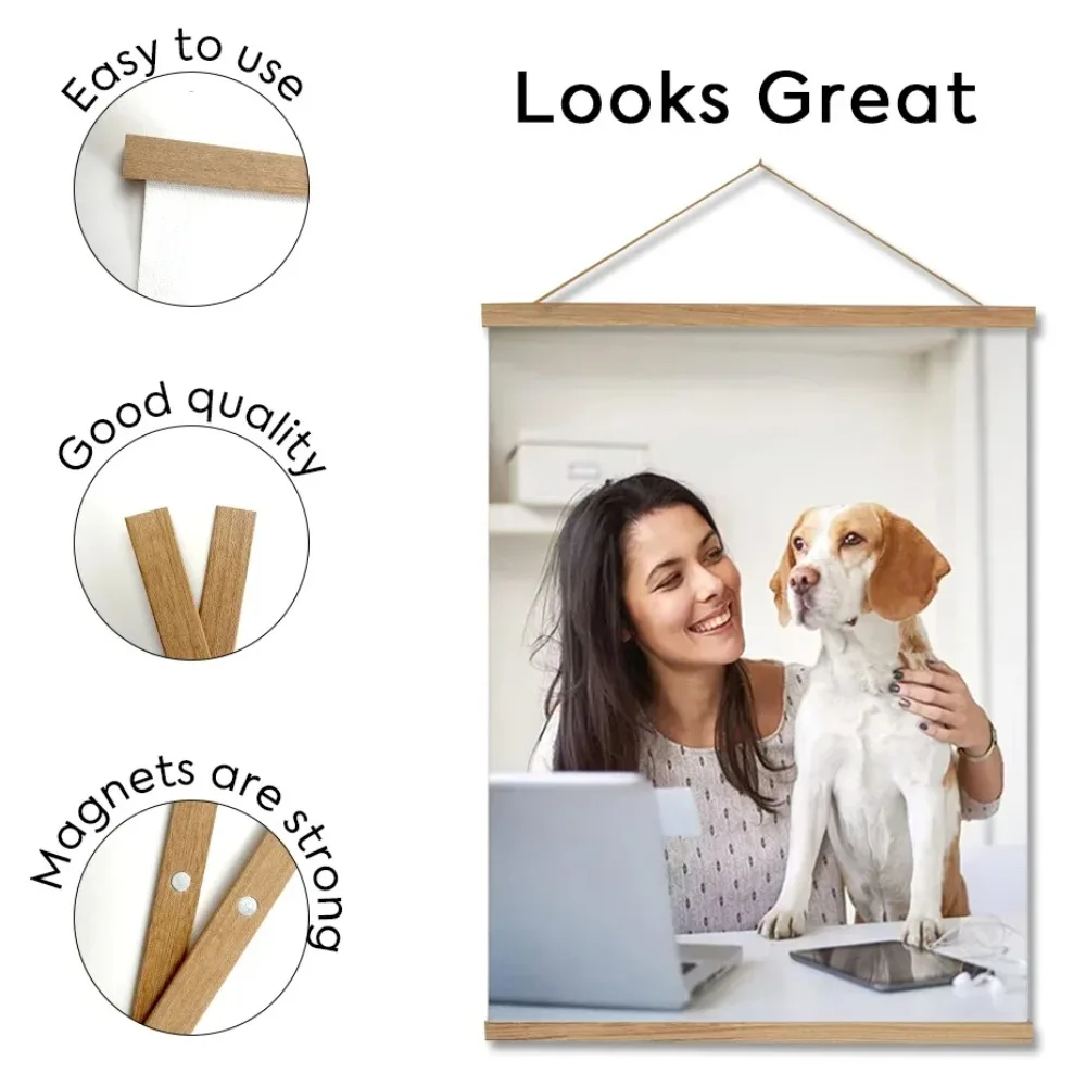 60cm 70cm 80cm 90cm Magnetic Poster Hanger Teak Pine Wood Painting Frame 8 Colors Wood Photo Frame Black White Canvas Frame