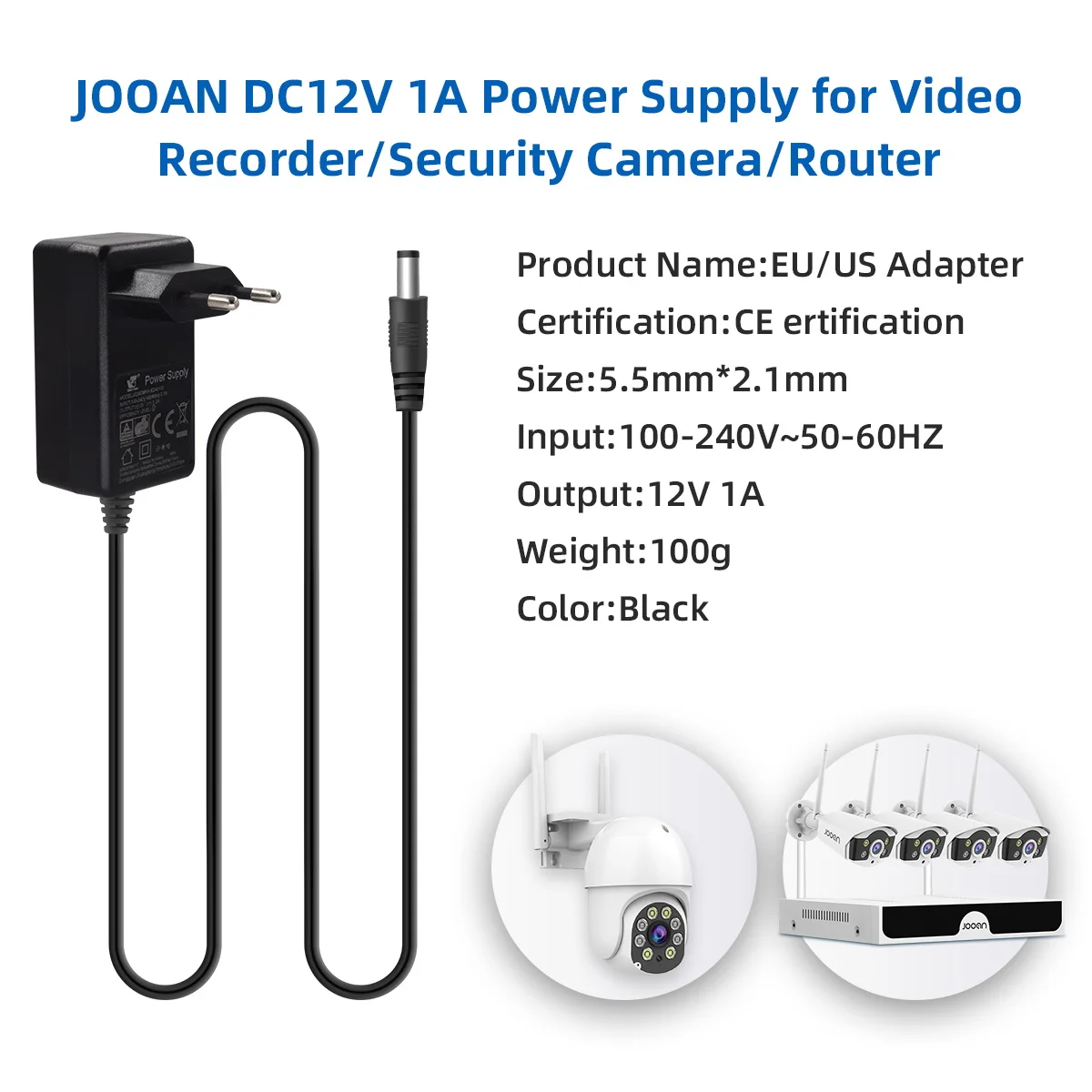 JOOAN-adaptador de corriente de 12V 1a CA a CC, fuente de alimentación, cargador, enchufe europeo y estadounidense