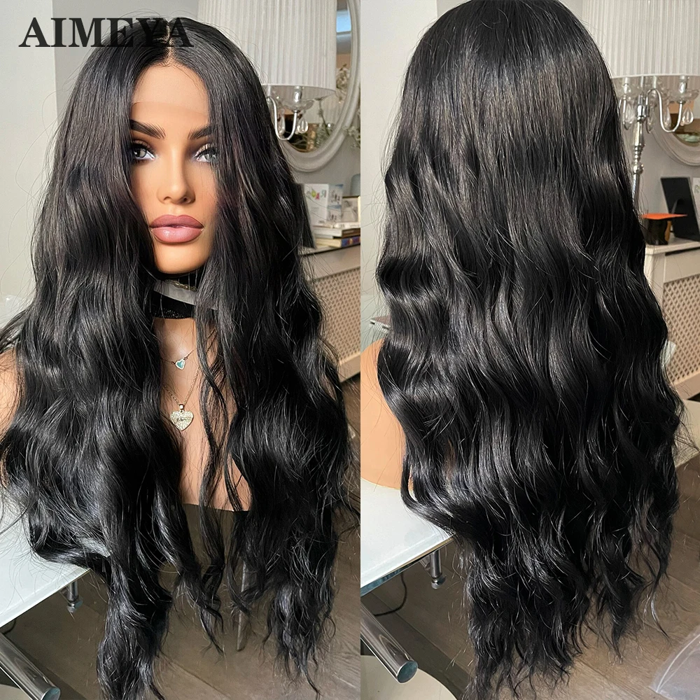 AIMEYA Black Synthetic Lace Front Wigs for Women Long Lace Wig Loose Wave Hair Wigs Cosplay Synthetic Wig High Temperature Fiber