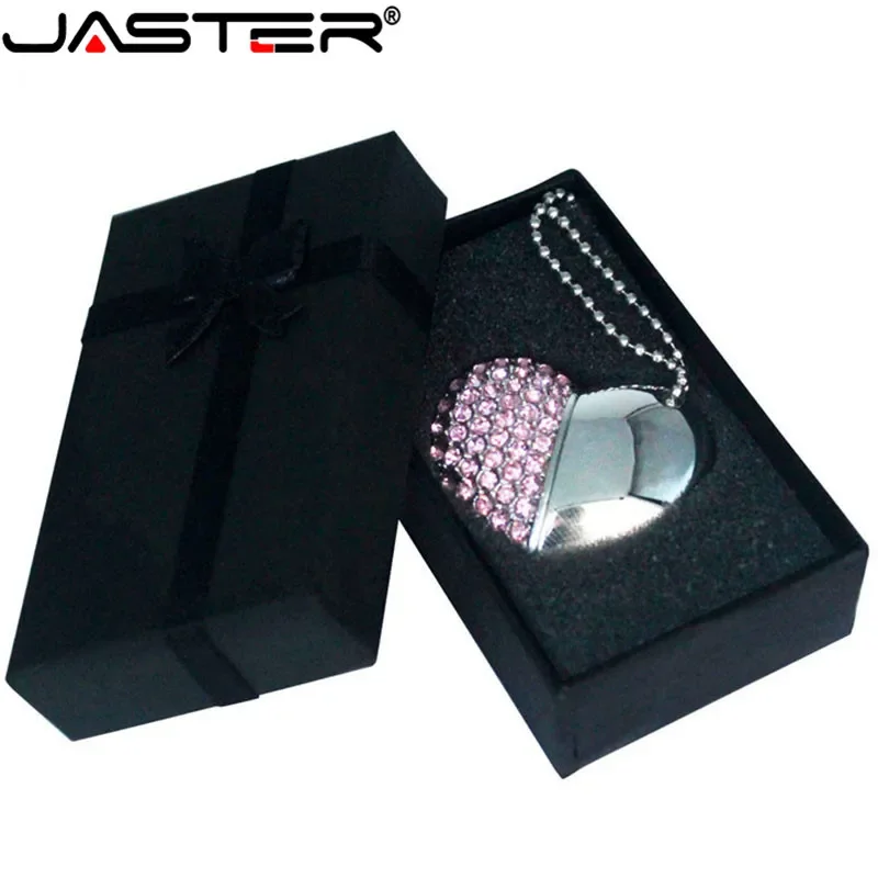 JASTER Pen Drive 2.0 Crystal Heart + Black Box Pen Drive Gemstone 64GB 32GB 16GB Free Key Chain Love Memory Stick Wedding Gift