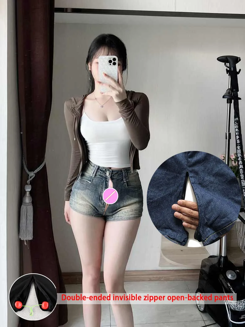 , Die Alte Weisen frauen 2022 Sommer Unsichtbar Offenen Gabelung Hohe Taille Kurze Dünne Hot Pants Sexy Kurze Jeans Frauen kleidung