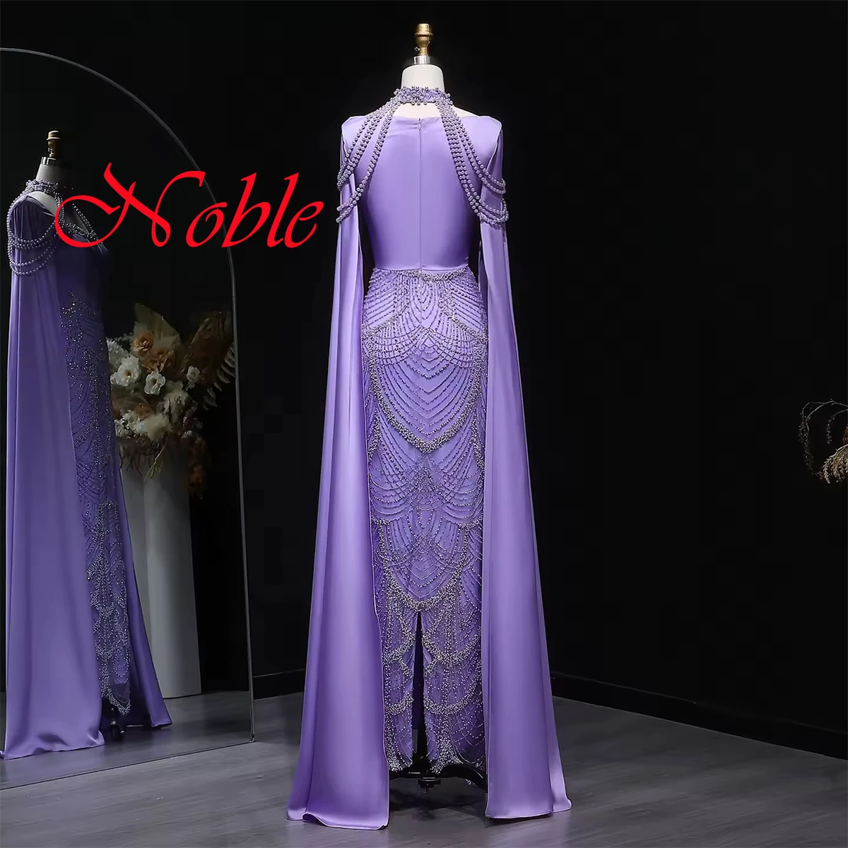 Customized Simple Light Purple Satin Evening Dress Exquisite High Neckline Long Sleeves Zipper Back Pearls Beading Party Dress