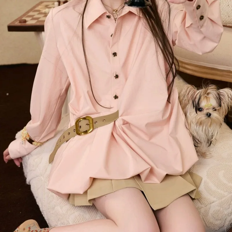 

Французская милая рубашка-поло с воротником-поло и галстуком с длинными рукавами, женский осенний топ для похудения на талии