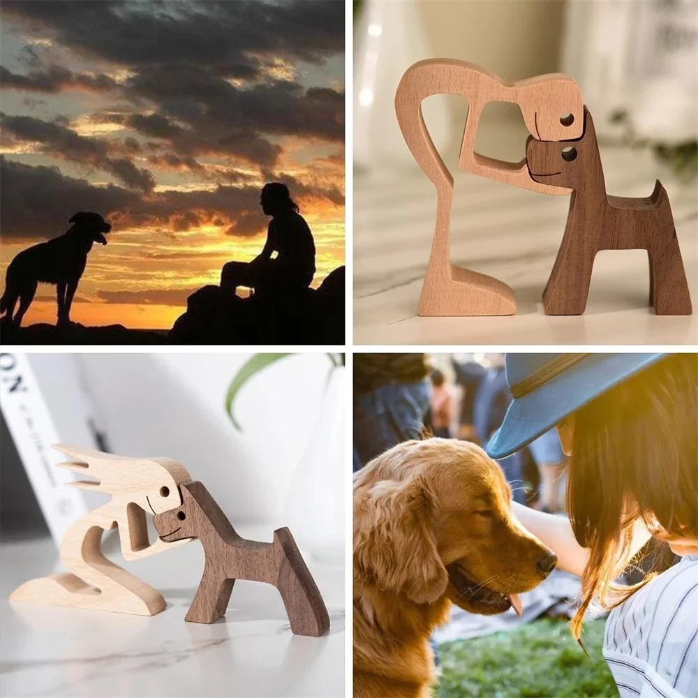 Handmade Family Puppy Wooden Man Dog Statue Figurine Home Room Desk Decoration Carving Model Sculpture Eco-Friendly Craft Gifts