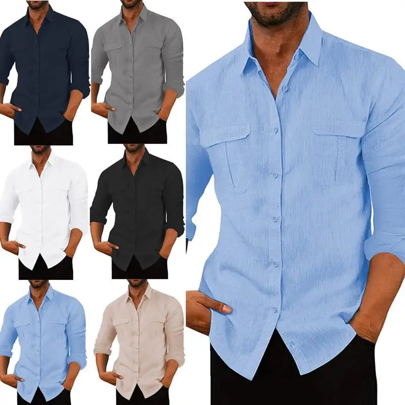 

Casual Long Sve Men's irt Double ket Leisure Holiday irt Independent Station Cross-Border Men's Loose Fit Polyester