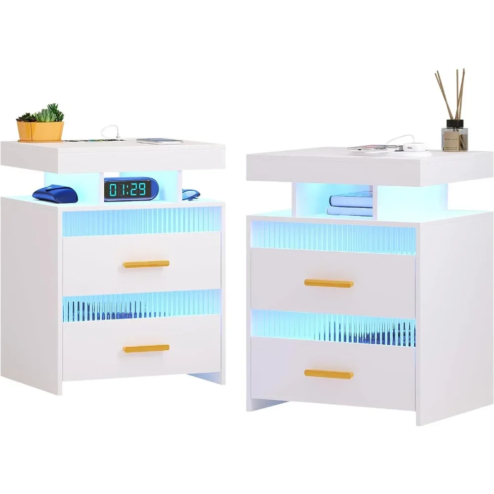 

LED Nightstand Set 2 with Drawers, Charging Station, Human Sensor Design for Bedroom Livingroom Office, Modern LED Nightstand