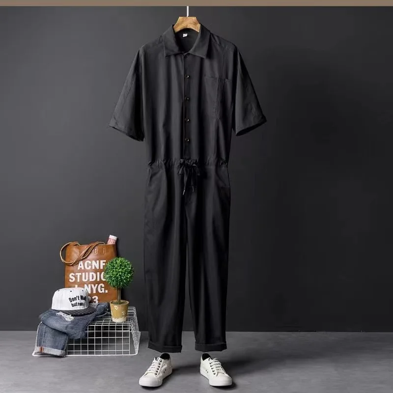 2024 Summer New Men\'s Hip Hop Jumpsuit Japanese Retro Workwear Style Jumpsuit Couple Loose Casual Set Ultra Thin Ice Silk Cool