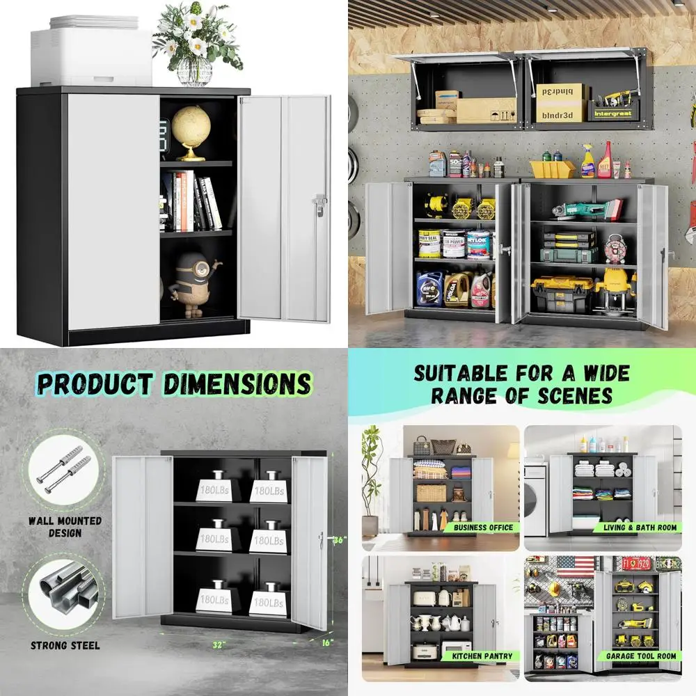 

36 Tall Locking Storage Cabinet with 2 Adjustable Shelves, Suitable for Small Pantry, Home Office, Kitchen, or Bathroom (Black/G