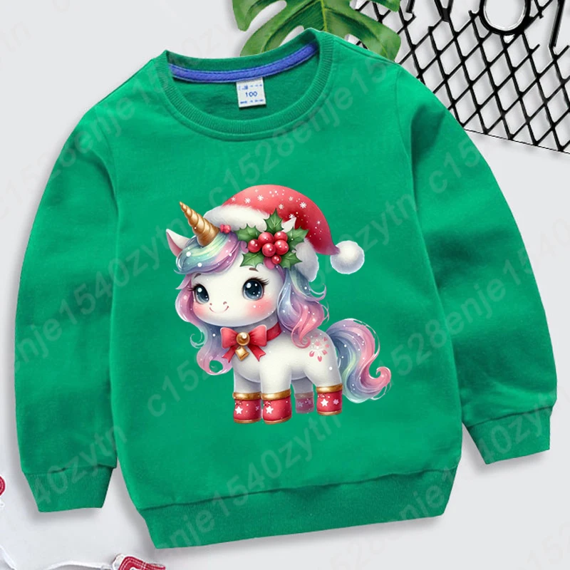 Children Hoodless Sweatshirt Christmas Unicorn Print Round Neck Pullovers Kids Boys Girls Casual Solid Color Pullovers Plus Size