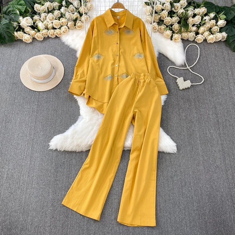 

Fashion Gentle Style Pink Rhinestone Lapel Long Sleeved Sunscreen Shirt+casual High Waist Slim Wide Leg Pants Two-Piece Set