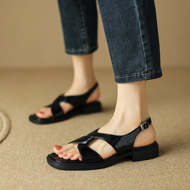 2024 New Summer Sandals Women open Toe Low Heel Fashion Women Shoes Genuine Leather Simplicity Sandals for Women Flat Sandals