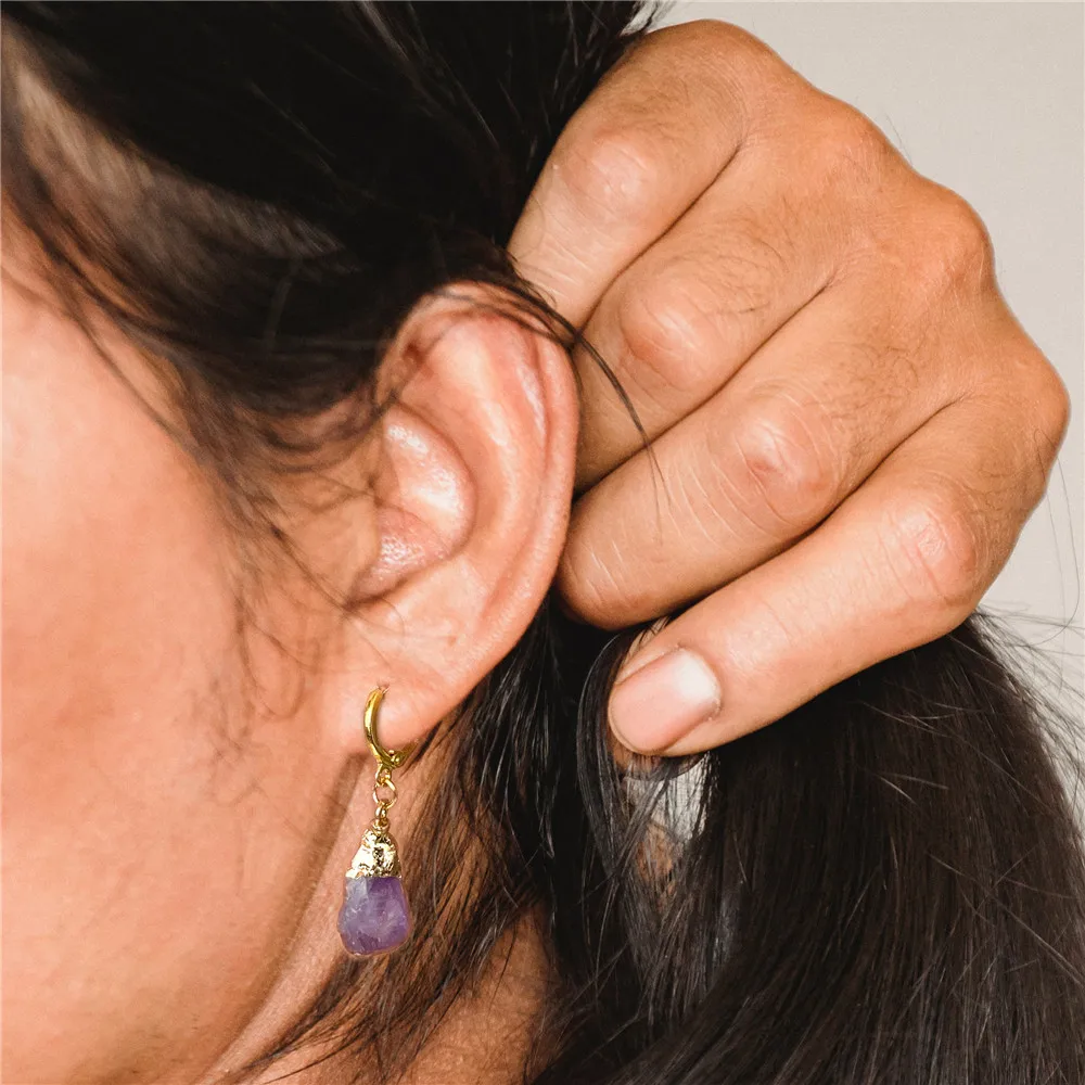 Natural Irregular Stone Pendant Earrings Crystal Amethysts Mineral Stone Earrings Healing Reiki Handmade Earrings for Women