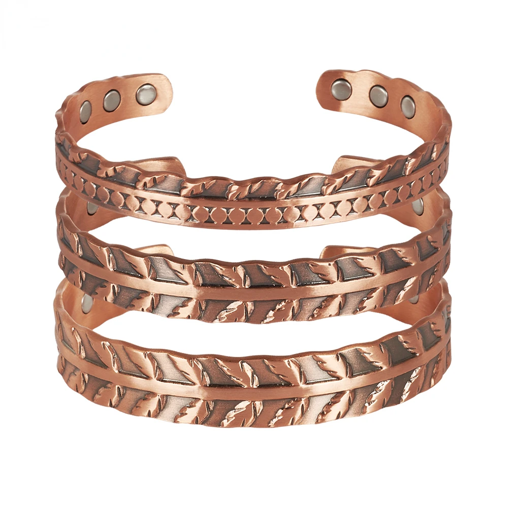 Pure Copper Bracelets Magnetic Therapy Leaf Adjustable High Magnet Cuff Bangles Vintage Health Energy Jewelry Resizable