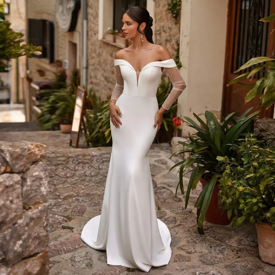 Satin Wedding Dress Off Shoulder Long Sleeves Pearls Mermaid Bridal Gown Deep V Neck Backless Sweep Train Bride Vestido De Noiva