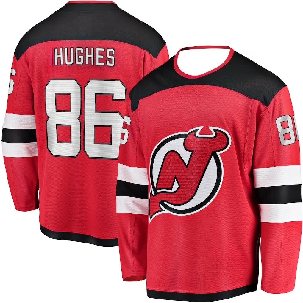قميص الهوكي - أبيض مع لمسات حمراء وسوداء "Hughes 86" Devil "N" Logo قمصان بطبقة أساسية للخريف والشتاء