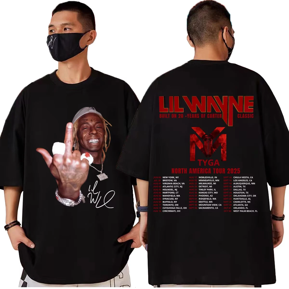 

Rapper Lil Wayne Tour 2025 Double-sided Graphic T-shirt, Vintage Hip Hop Men's and Women's Summer Print 100% Pure Cotton T-shirt