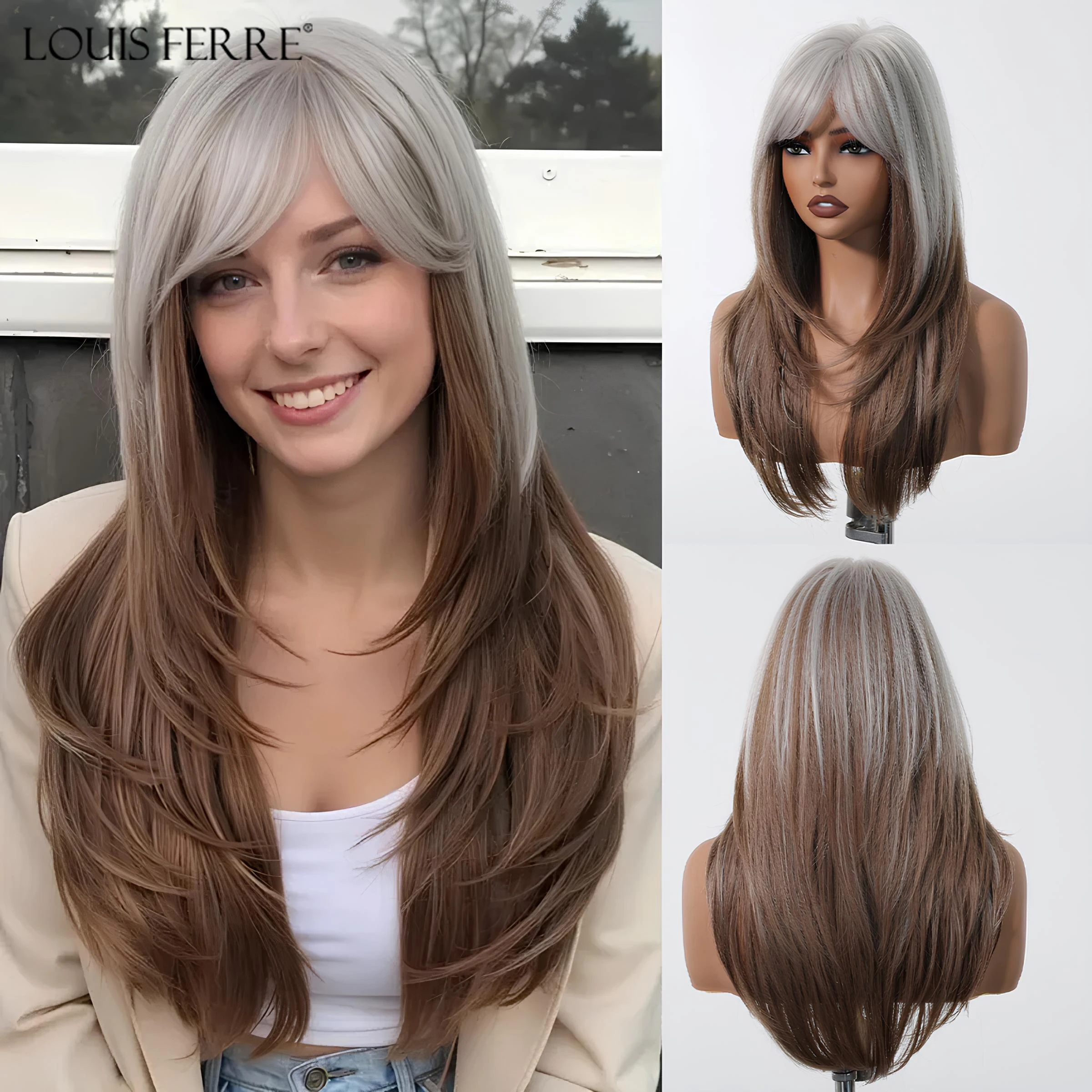 Grey White To Brown Ombre Synthetic Wigs Long Straight Layered Hair Wig For Women High Temperature Wig For Cosplay Daily Party