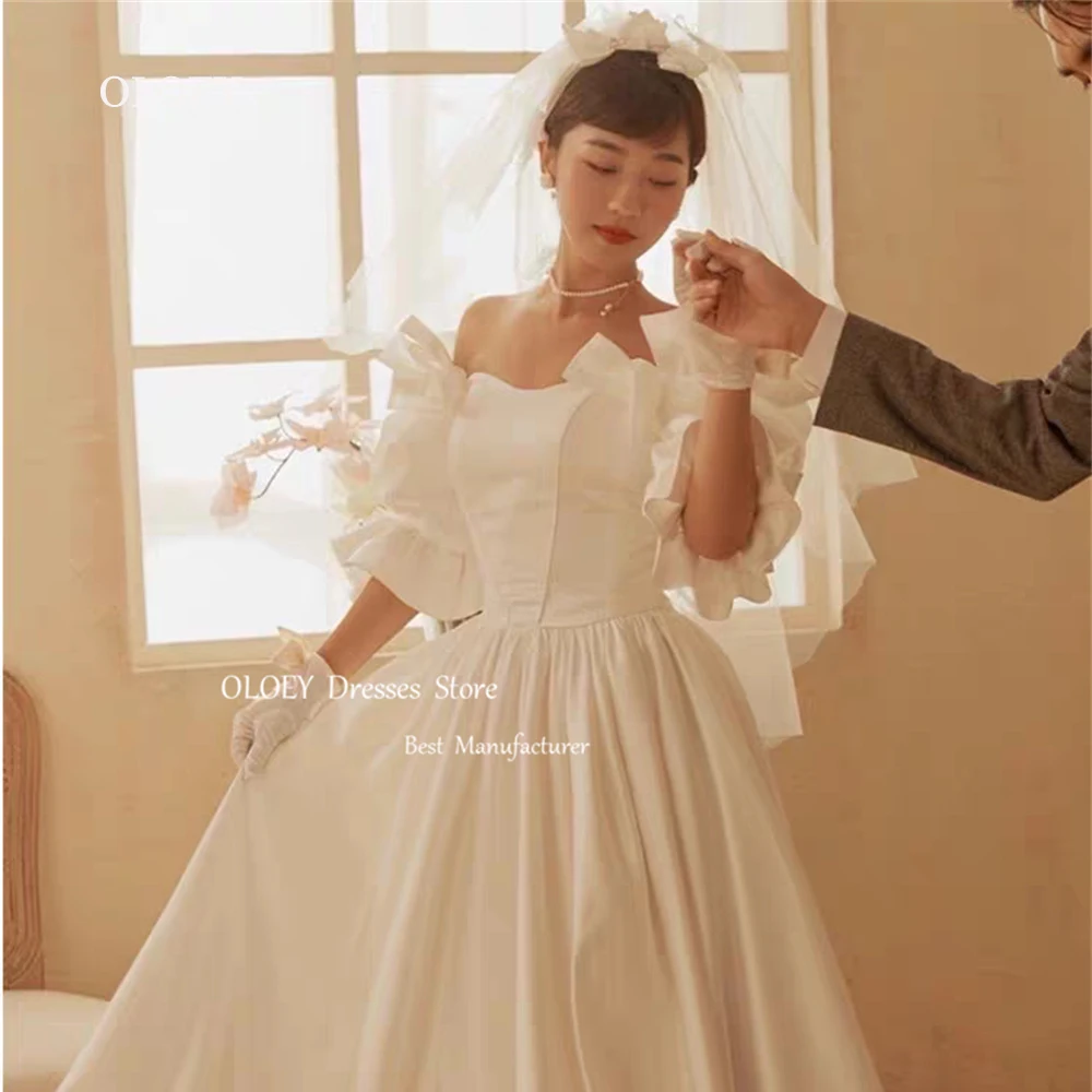 OLOEY Vintage Wedding Dresses Photoshoot Ruffles Satin Bows Bridal Gowns Sweetheart Off The Shoulder Floor Length Party Dresses