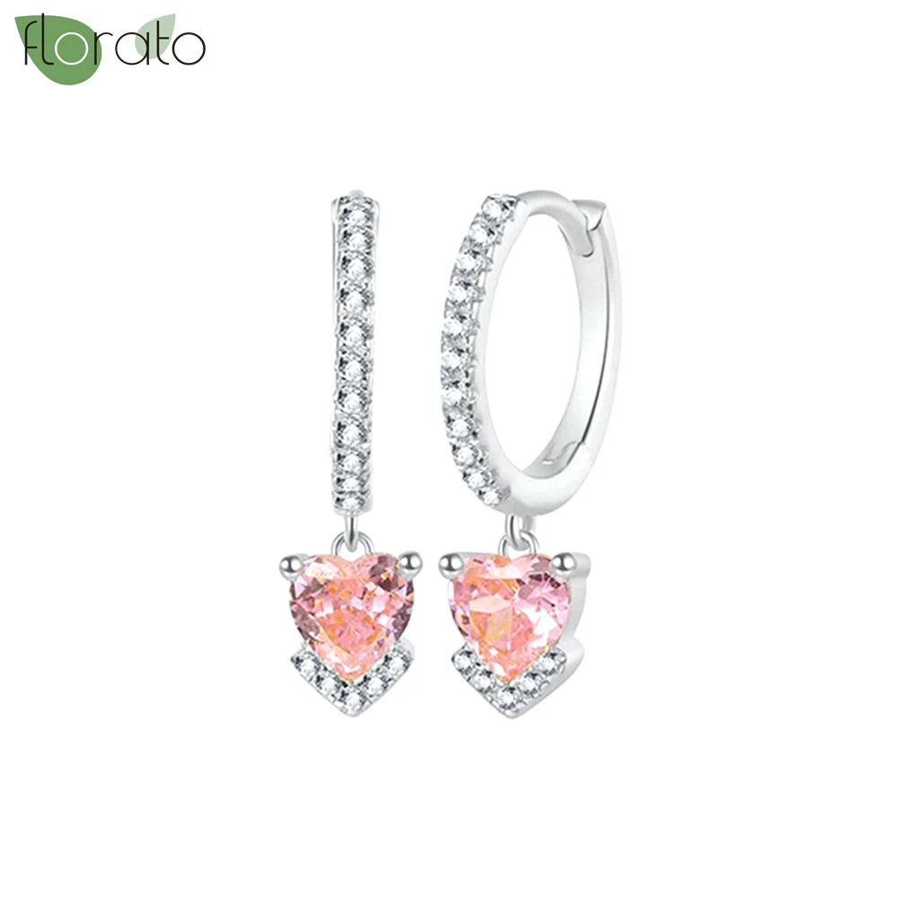 Pendientes de aro pequeños de circonita rosa para mujer, Aretes de aguja de Plata de Ley 925, colgante de corazón, Piercing, joyería