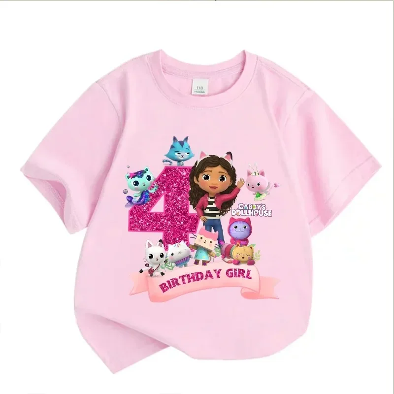 Gabbys Dollhouses Geburtstags-T-Shirt für Mädchen, weiß, rosa, kurzärmelig, Oberteile, Baumwolle, Sommer, Freizeit, Partyartikel, T-Shirt. – Detail 3