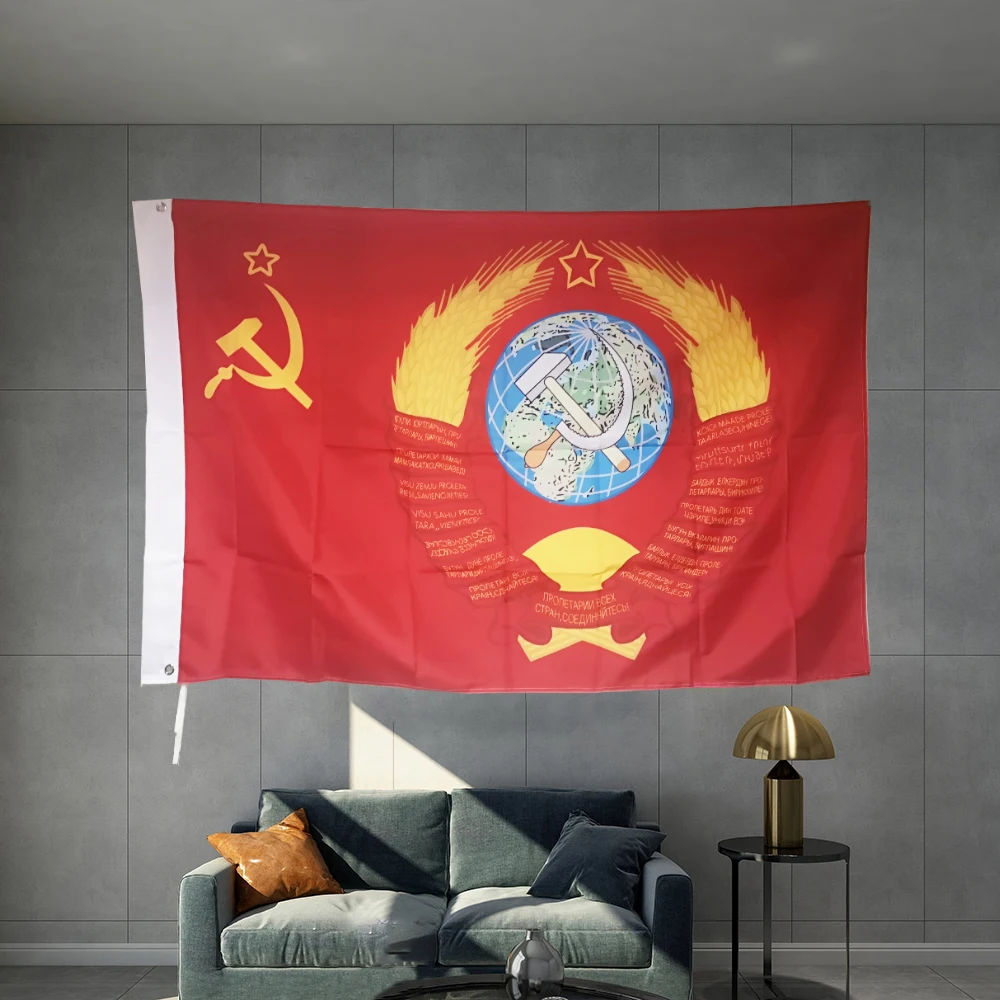 

Russian USSR With Grand Soviet State Coat Of Arms Flag Graphic Custom Printed Flag Polyester Shaft Cover Brass Grommets Design