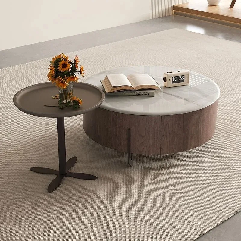 Juego de mesa de centro redonda con tapa de mármol y madera de lujo moderna, sofá para sala de estar con cajones, diseño de muebles multifuncionales