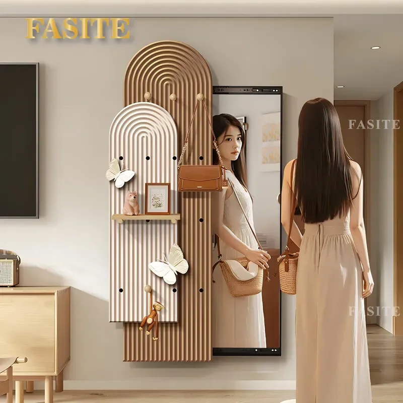 For Modern Light Luxury Hole Board Full Body Mirror Push Pull Invisible Wall Hanging Fitting Mirror Entry Porch Storage